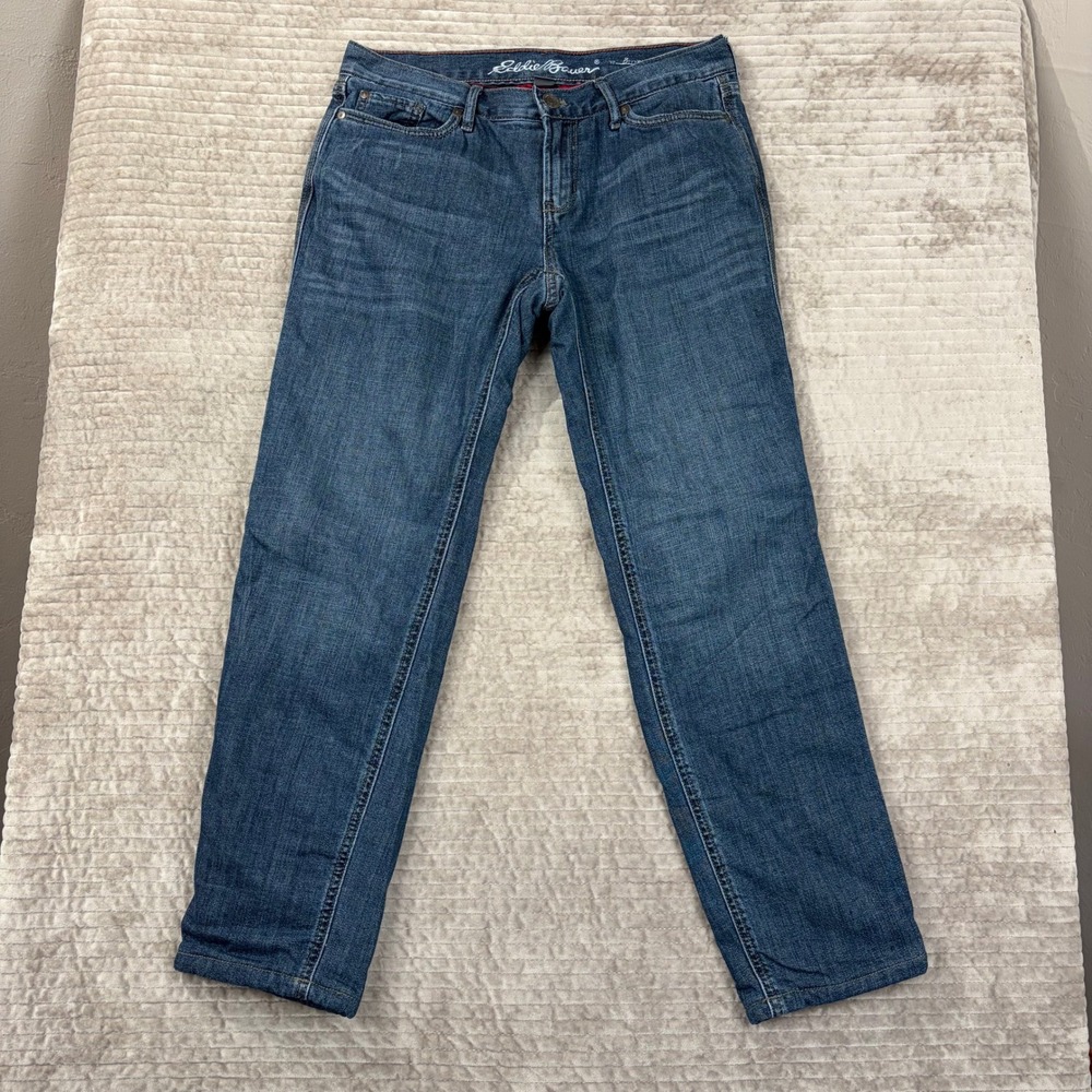Eddie Bauer Flannel Lined Boyfriend Jeans Womens P4 Blue Relaxed Leg Plaid Denim
